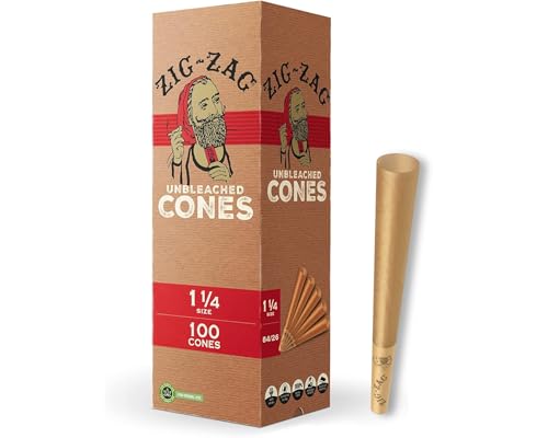ZIG-ZAG Pre Rolled Cones 1 1/4 Size (100 Pack) Unbleached - Slow Burning Pre Rolled Cones with Tips & Packing Tubes Included - Bulk Pack