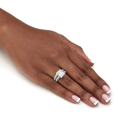 PalmBeach Jewelry Platinum Plated Emerald Cut and Pave Set Cubic Zirconia 2 Piece Bridal Ring Set4
