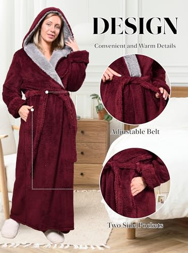 Image of Hellomamma Long Hooded Robe for Women Luxurious Flannel Fleece Full Length Bathrobe Winter Warm Pajamas Shower Nightgown