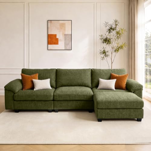 Image of Sectional Couches for Living Room, 109 inch L Shaped Cloud Sofa & Couch | Upholstered Armres, 22 inch Seat Depth, Movable Ottoman, Comfy Chenille, Easy Assembly, Green