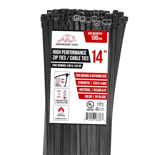 14-inch Black Zip Ties Heavy Duty UV Resistant Nylon Cable Ties, 120lb Tensile Strength, 100-Pack - Durable Wire Ties, Heavy Duty Tie Straps Indoor and Outdoor Cable Management Solution by ARMOUR TIES