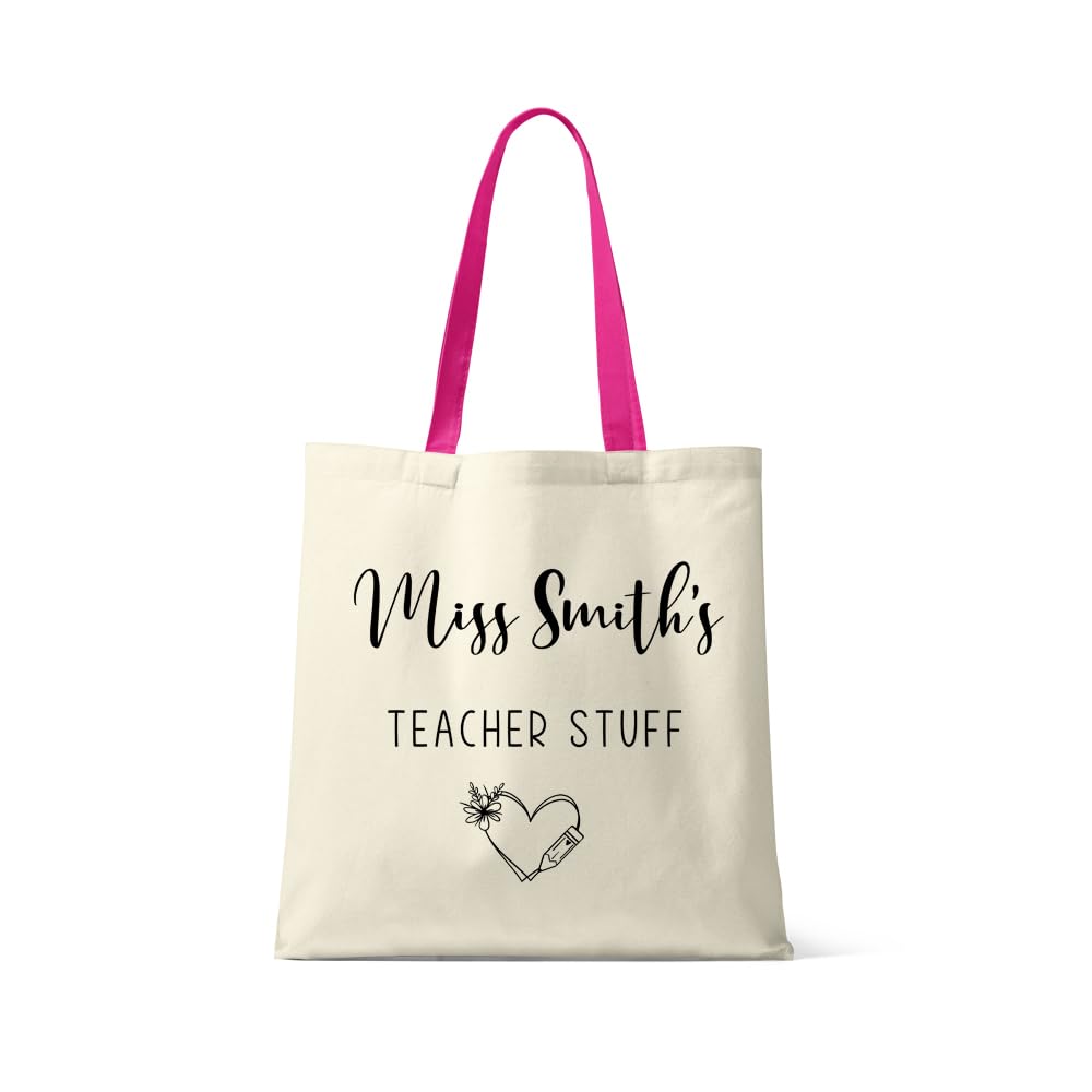 Getagift Personalised Teacher Tote Bag – “Teacher Stuff” Design – Custom Name Gift for Teachers – Thank You Present - Reusable Bag, Shopping Bag, Tote Bag. (Fuchsia Handle)