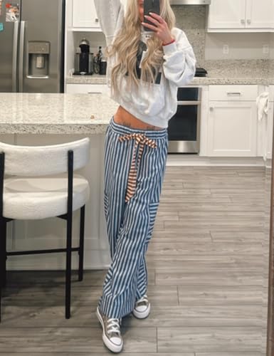 Bankeng Women's Striped Palazzo Pants - Loose Wide Leg Lounge Trousers with Pockets (Blue, XS)3