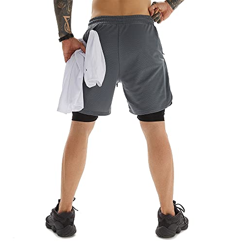 Diqqid Running Shorts For Men Workout Gym 2 In 1 Quick Dry 7 Inch Mens Compression Yoga Athletic Sports Shorts With Phone Pockets Grey L #TOP2