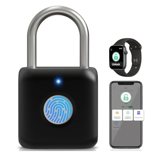 Fingerprint Padlock, Pothunder Smart Padlock, Locker Lock, Fingerprint Lock with APP Unlock, USB Rechargeable, Suitable for Gym Locker, Door(Black)