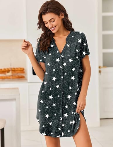 Image of Ekouaer Women V Neck Button Down Nightgown