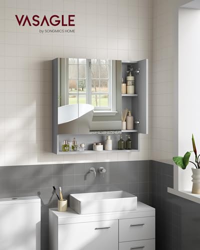 VASAGLE Kailyn Colección - Armario de Baño con Puertas, Armario de Pared con Espejo, Compartimento Abierto, Estantes Ajustables, 16,5 x 70 x 75 cm, Gris Paloma BBK129G01 - imagen 2