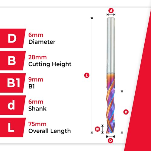 Image of Amana Tool CNC SC Spektra Extreme Tool Life Coated Compression Spiral, 48322-K, 6mm D x 28mm CH x 6mm SHK x 75mm Long 3 Flute Router Bit