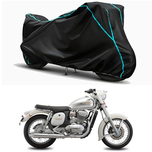Image of Waterproof Bike Body Cover Compatible for | Jawa Dual Channel Disc | Taffeta Fabric, Sky Piping Design, Bottom Elastic Fit | Dustproof, Sun UV & Rain Protection for All Weather.