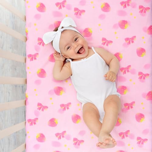 Image of UOMNY Crib Sheet,Strawberry Bow Crib Sheets Baby Sheet for Standard Crib and Toddler Mattresses Nursery Bedding Sheet Crib Mattress Sheets for Boys and Girls 1 Pack Toddler Sheet