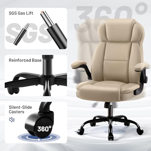 AreShark Ergonomic Office Chair with High Back Headrest,PU Leather Executive Desk Chair Padded Flip-Up Armrests,Lumbar Support,Swivel Computer Chair for Home Office & Gaming, Khaki - Image 7