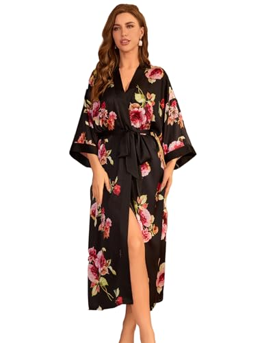 LOCIIXAT Women Floral Print Kimono Robe Long Satin Dressing Gown Blossom Silky Robes Lightweight Dressing Gown, Black