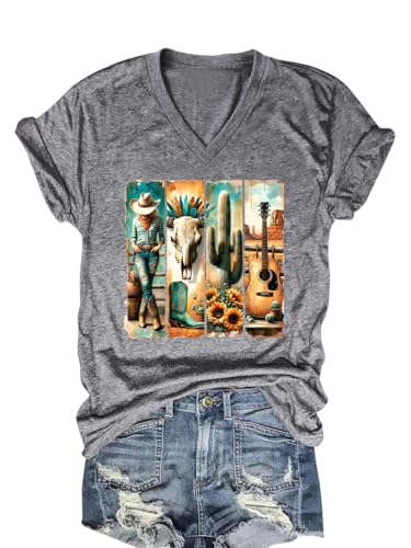 Vintage Cow Skull Shirts for Women Western Cowgirl Shirt Short Sleeve Tops(Grey,S)