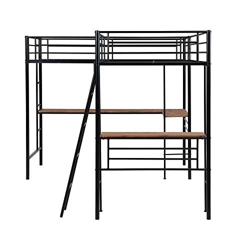 Aty Twin Size Metal Loft Bed With Two Built-In Desks, Sturdy L-Shape Bedframe W/ 2 Ladders, For Kids Boys Girls Teens, Save Space & No Spring Required, Black #TOP6