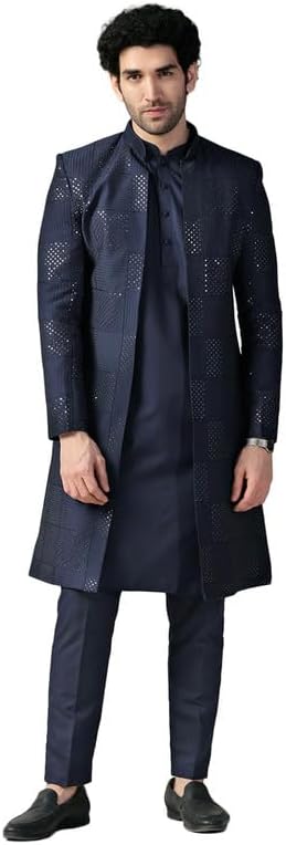 KISAHMen's Indo Western Kurta Sherwani Trouser Set, Blue Viscose Rayon, Embellished Regular Fit Mandarin Collar Long Sleeves