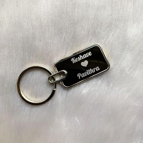 Image of Personalized Metal Keychain with Custom Engraved Name, 7.5 x 2.9 cm Black Tag, Durable Key Ring for Couples