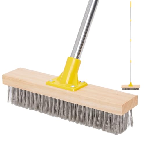 Wire Broom Scrubbing Brush with Long Handle, Stiff Metal Bristle Deck Scrub Brush, Outdoor Floor Scrubber, Patio Cleaner Brushes for Cleaning Moss, Tough Stain on Garden, Grout, Garage