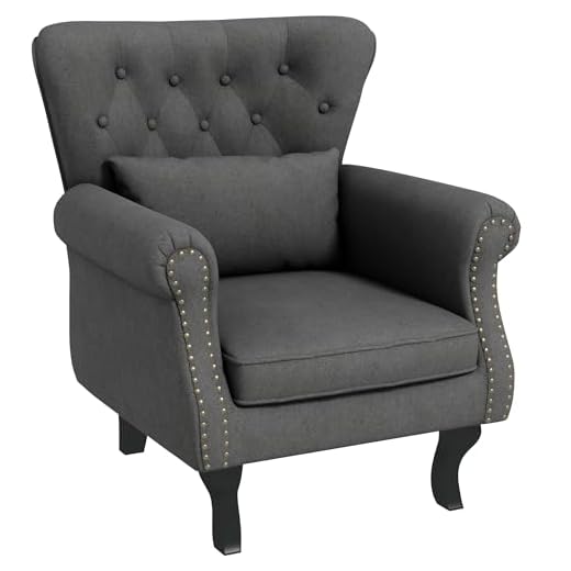 HOMCOM Wingback Armchair, Linen Fabric Accent Chair, Upholstered Fireside Chair with Pillow, Button Tufted Back for Living Room, Bedroom, Home Office, Dark Grey