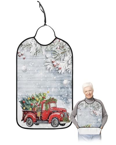 LEOKOTI Red Truck Christmas Adult Bibs for Eating, Waterproof Bibs with Food Catcher & Adjustable Snap Closure, Xmas Tree Balls Winter Snowflake Washable Clothing Protectors Adult Bibs for Elderly