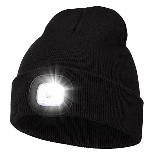 KAVAVO Beanie-Mütze mit Licht, wiederaufladbare USB-LED-beleuchtete Beanie-Mütze, Unisex-Winterwärmer-Strickmütze für Nachtspaziergänge, Angeln, Camping, Jagd.