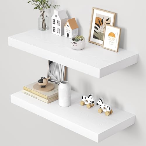 Dreamland 32" Floating Shelves for Wall, 12" Deep Thicker White Floating Shelves, Wall-Mounted Shelves for Bedroom, Living Room, Kitchen, Bathroom - Set of 2