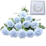 LVEFIT 12pcs Artificial Rose Flower Ice Blue Rose Flower with Long Stem Silk Roses Bouquet for Wedding Bridal Shower Party Home Decoration