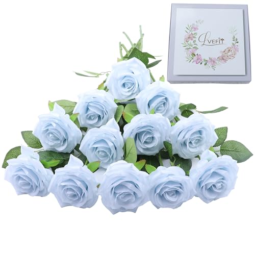 LVEFIT 12pcs Artificial Rose Flower Light Blue Roses Flowers with Long Stem Silk Roses Bouquet for Wedding Bridal Shower Party Home Decoration