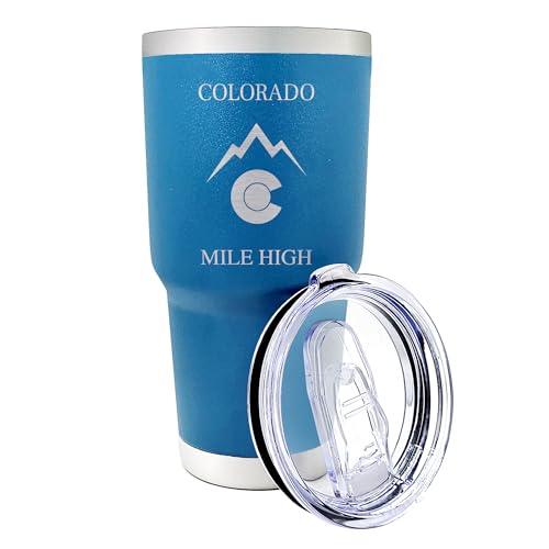 Palm City Products 30 oz Mile High Colorado Blue Tumbler - Engraved Stainless Steel Insulated Travel Mug - Spill-Proof Lid - Blue Adventure Cup for Camping, Hiking, Skiing, and Road Trips