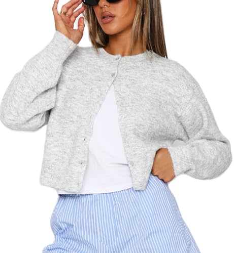 Image of Faretumiya Women Y2k Button Down Crop Sweater Cardigan Long Sleeve Open Front Crewneck Cardigan Cute Knit Pullover Tops(Gray,Small)