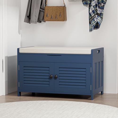 Knowlife Shoe Bench with Cushion & Lift Top Storage, Entryway Shoe Storage Bench with 2 Doors, Adjustable Shelves, Shoe Rack Bench for Entryway, Hallway, Mudroom, Blue