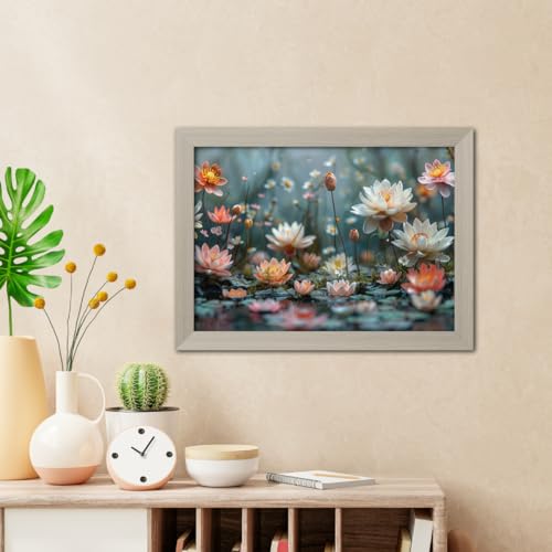 Image of TenorArts Lotus Flowers Photo Frame Vastu Positivity Aesthetic Wall Painting Lucky Art Frames with White Wooden Texture for Living rooms Office Bedroom - Wall Paintings /Hangings (12inches x 9inches)