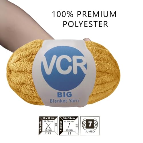 Image of VCR Golden Mustard Yarn, 200 Grams Big Chunky Hank, 22 Meters Length, Suitable for Knitting Blankets and Pillows, 100% Polyester Yarn Ball for Crochet DIY, Soft Threads, Pack of 1