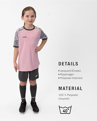 JAKO Iconic Trikot Kinder Dusky Pink, Soft Grey, Anthra Light, Gr. 140 - Nachhaltiges Sport Shirt Kurzarm aus 100% recyceltem Polyester, Feuchtigkeitstransportierend