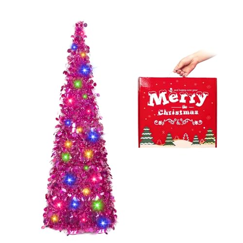 N&T NIETING Christmas Tree,5ft Collapsible Pop Up Christmas Tree Fuchsia Tinsel Coastal Christmas Tree for Holiday Xmas Decorations,Home Display, Office Decor