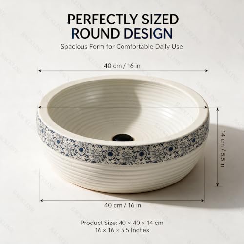 Image of Backline Moroccan Table Top Wash Basin For Bathroom | Matt Basin | Countertop Basin For Home /Office /Hotels 41 X 41 X 14 Cm(White Blue Matt)(5 Years Warranty)
