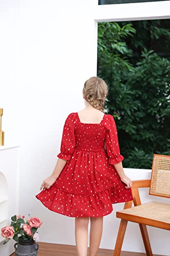 Girls Dress Sweet & Cute Puff Sleeve Square Neck Ruffle Whimsy Polka Dot Ruffle Swing Dress 5-14(9-10 Years)3