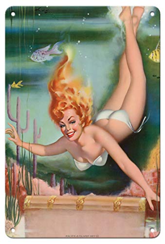 Pacifica Island Art A Treasure to Behold - Hawaiian Pin Up Glamour Girl - Underwater Mermaid Pose - Vintage Pin Up Calender Page by Freeman Elliot c.1950s - 8in x 12in Vintage Metal Tin Sign