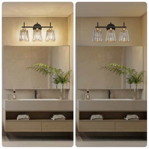 Image of Crystal Bathroom Light Fixtures Over Mirror, Black Gold 3-Light Bathroom Vanity Lights Over Mirror Modern Wall Lighting Sconces with Ceramic E26 Base (Bulbs Not Include)