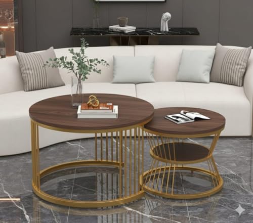 Image of Roldo Modern Nesting Coffee Table Set of 2 for Living Room, Round Coffee & Side Table with Metal Frame and Marble Finish MDF Top, Center Table for Sofa, Home Decor Office & Apartment (Gold Walnut)