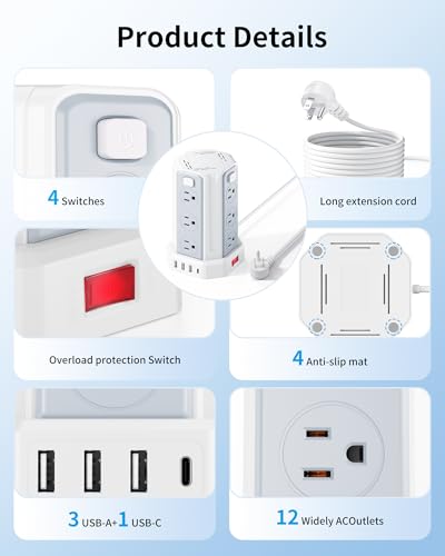 Power Strip Surge Protector, 10 Ft Extension Cord with 12 AC Multiple Outlets 4 USB (1 USB C), SMALLRT Power Tower Desktop Charging Station