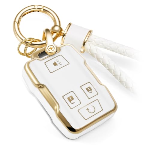 Image of Key Fob Cover for GMC, White Braided Loop Keychain, Gold Edge | Wear-resistant TPU shell, white PU braided short loop, daily splash, scratch and drop protection, normal signal use