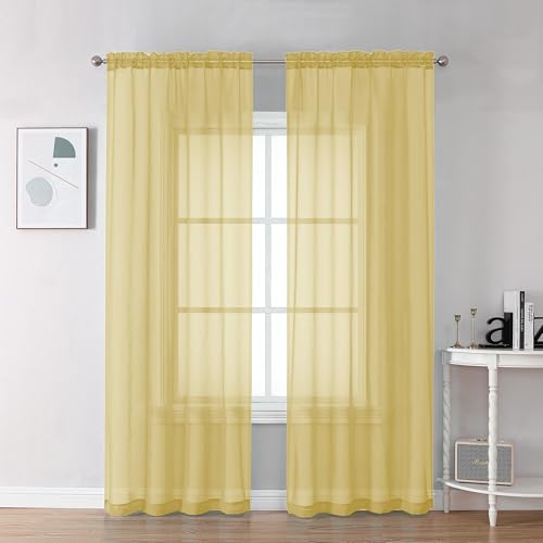 Image of Chyhomenyc Mustard Yellow Sheer Curtains 78 Inches Long for Living Room, Light Filtering Solid Color Voile Bedroom Curtains, Rod Pocket Window Sheer Curtain Panels, Each 42Wx78L, 2 Panels