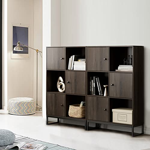 Bookshelf And Bookcase With Doors, Industrial Wooden 4-Tier Storage Cabinets, Tall Display Shelf Units, Bookshelf For Living Room Home Office, Dark Brown #TOP2