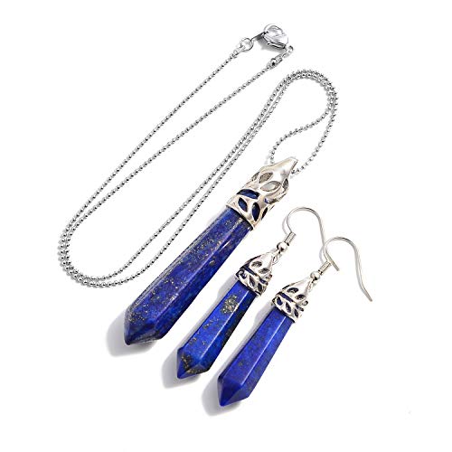 AD Beads Natural Gemstones Hexagonal Pointed Reiki Chakra Pendant necklace And Earring Set (Lapis)