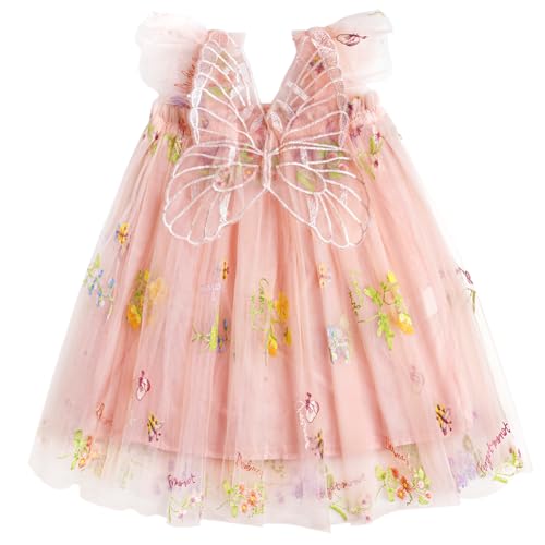 ABOHU Vestidos para Bebés Niña Mariposa Tul Elegante Verano Floral de Tutú Sin Mangas con Alas Un Niña Pequeña de Princesa Vestido Ceremonia Fiesta de Cumpleaños Boda Flores Vestido 1-5 años - Rosa