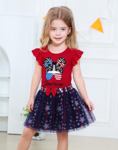 RETSUGO Baby Girls 4th of July Outfit Tulle Tutu Skirts Set Toddler Kids American Flag Heart Print Dress 2-8 Years Old2