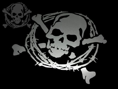 ドクロステッカー C2 有刺鉄線枠 中(11.8cm×13cm) 銀