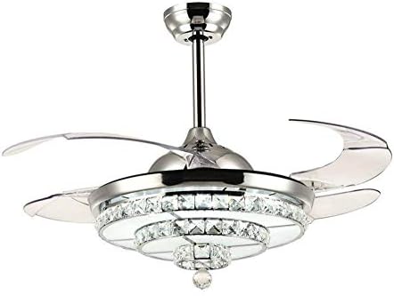 Lighting Groups 42 Inch Invisible Ceiling Fan with Light and 4 Retractable Blades Crystal Fan Chandelier with Remote Control for Living Room Dining Room Bedroom Fan Ceiling Light Fixures (Chrome)