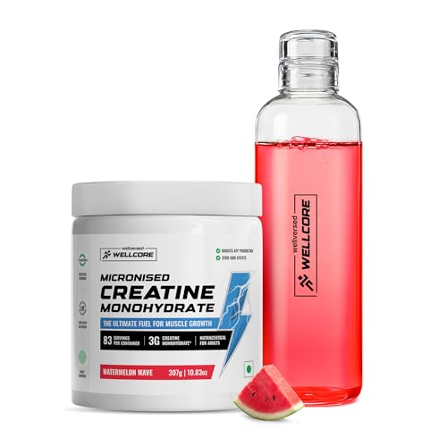 Image of Wellcore Pure Micronised Creatine Powder With Glass Bottle (83 Servings, Watermelon Wave) For Enhanced Muscle Strength With Rapid Absorption | Creatine Monohydrate | Wellcore Creatine Flavoured - 307g