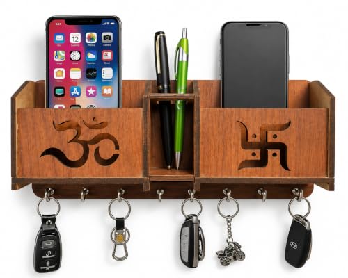 Image of Wooden Om Design TV Remote Mobile Stand Key and Pen Holder for Home, Office, Hall, Living Room Pocket Pen Special Designer Home Furnishing Two Box Wall Mounted Wall Keys Holder